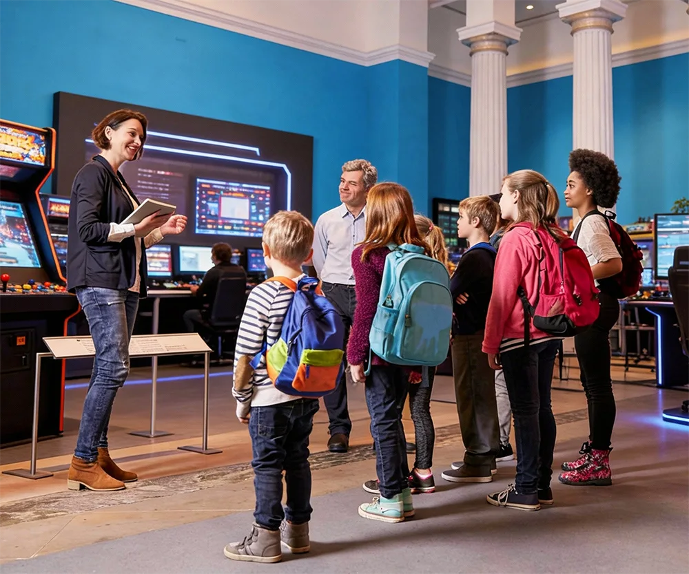 Lehrer unterrichten Studenten im Videospielmuseum