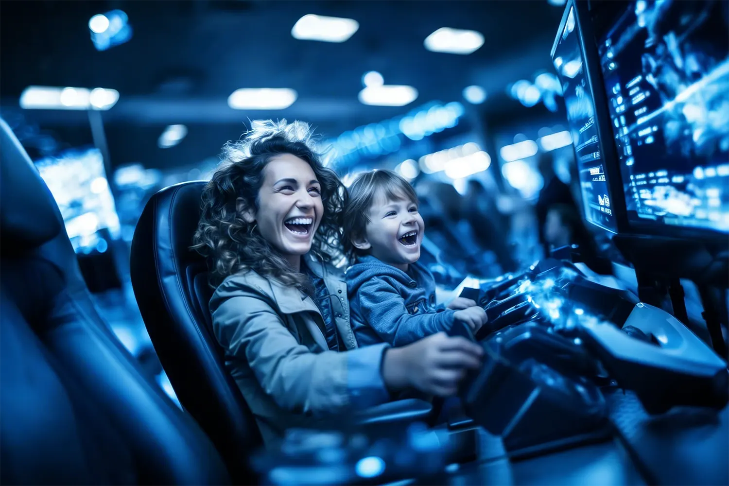 Indoor play area Mother and son play racing arcade game Indoor play area Mother and son play racing arcade game