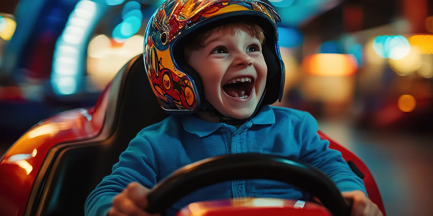 Kids excited sit on the formula car